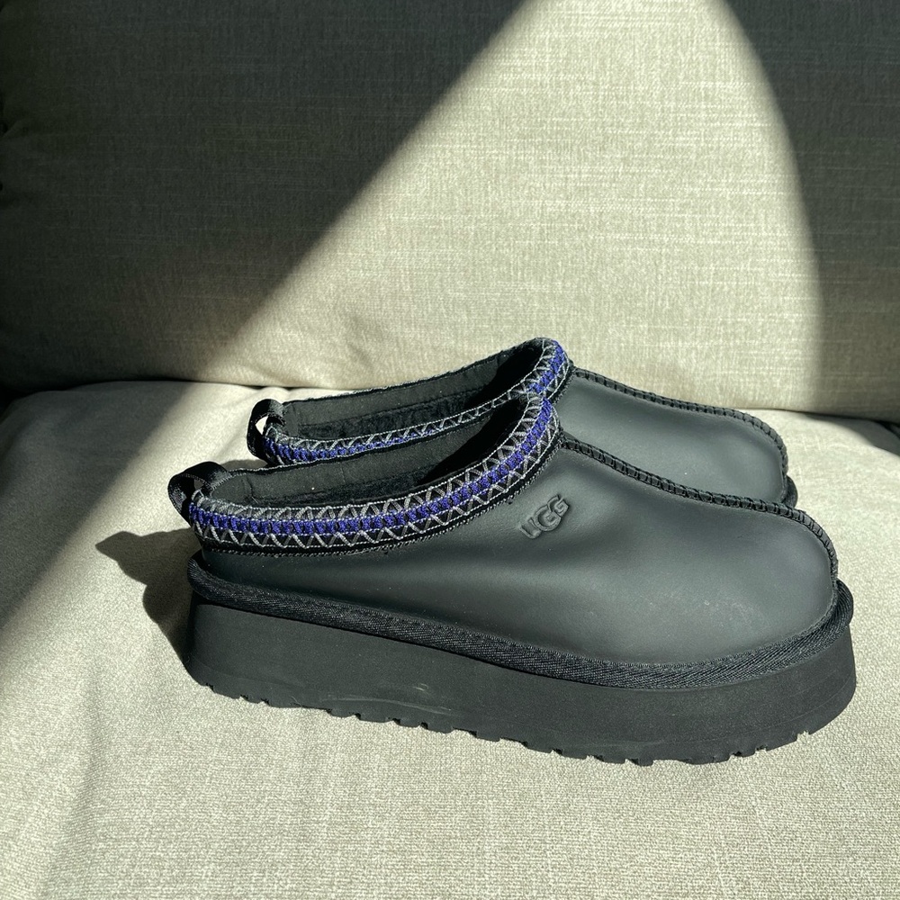 UGG Tazz Matte Black Slip-Ons with Blue Trim